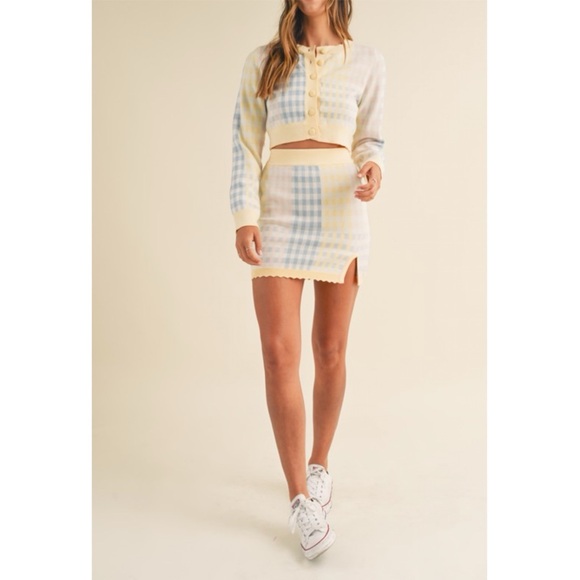 MABLE Soft Spring Pastels Color Block Checker Scalloped Skirt & Cardi Set - Picture 3 of 11